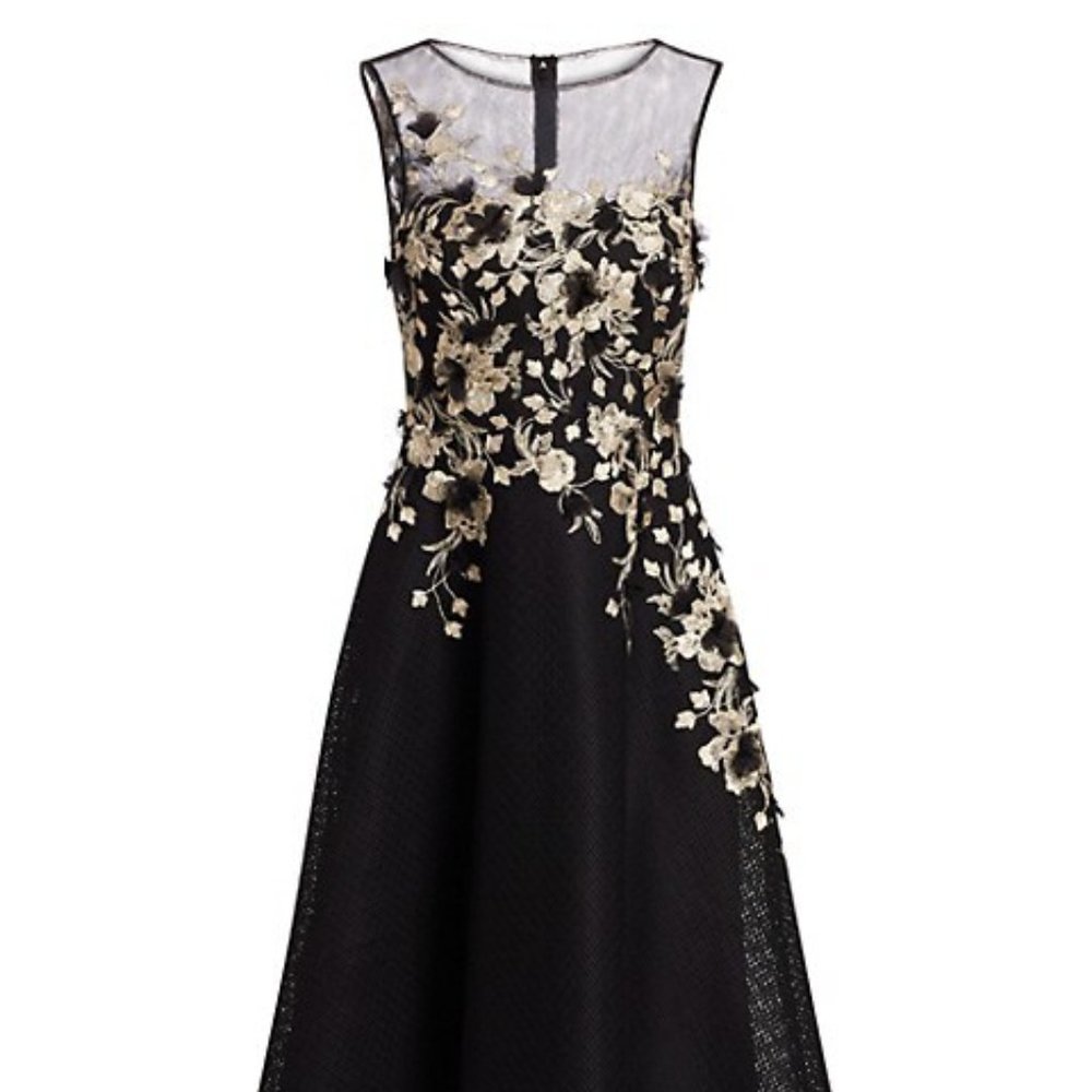 Rickie Freeman for Teri Jon Black Mesh Midi Dress with Gold Floral Appliqué - Picture 6 of 6